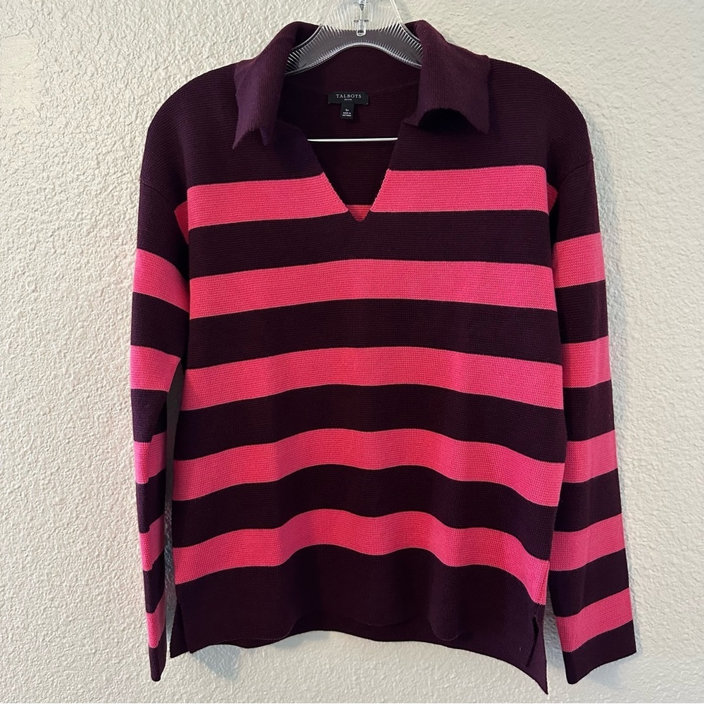 Talbots Pink & Burgundy Maroon Striped Women’s Collared Knit Sweater